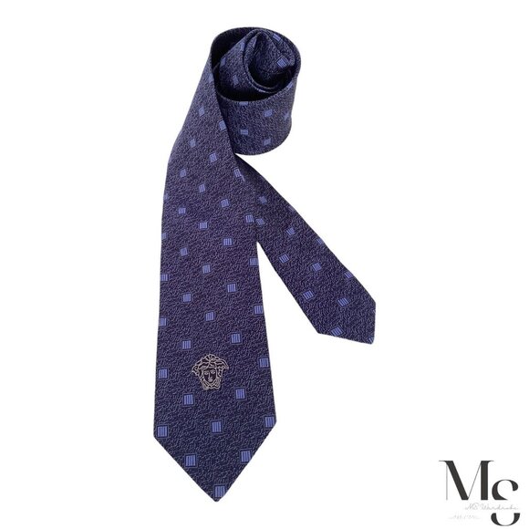 VERSACE Blue Geometric With Medusa Print Silk Tie Made In Italy W:2.75\